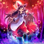  1girl animal_ears black_footwear brooch brown_hair collarbone dress fingernails full_body highres imaizumi_kagerou jewelry kurisu_sai long_fingernails long_hair long_sleeves looking_at_viewer nail_polish official_art open_mouth red_dress red_eyes red_nails sharp_fingernails shoes smile solo tail touhou touhou_arcadia_record white_dress wolf_ears wolf_tail 