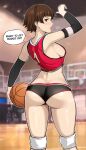  1girl arm_up ass ass_focus back backboob ball basketball basketball_(object) blush braid breasts brown_hair crown_braid from_behind highres huge_ass knee_pads lepypepy looking_at_viewer looking_back niijima_makoto persona persona_5 red_eyes short_hair solo sweat thighs wide_hips 