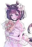  1girl animal_ears bare_shoulders blush bouquet breasts brown_hair dress film_grain flower hair_flower hair_ornament holding holding_bouquet horse_ears horse_girl horse_tail jeonjagolhaem long_sleeves looking_at_viewer nishino_flower_(sweet_juneberry)_(umamusume) nishino_flower_(umamusume) off-shoulder_dress off_shoulder open_mouth purple_eyes raised_eyebrows short_hair simple_background small_breasts smile solo tail umamusume upper_body white_background 