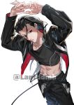  1boy abs alternate_costume arms_up black_eyes black_hair cropped_shirt feet_out_of_frame from_above hunter_x_hunter illumi_zoldyck jacket lan_dinh_thi_dieu long_hair long_sleeves looking_at_viewer loose_hair_strand male_focus midriff navel open_clothes open_jacket own_hands_together parted_lips solo standing 