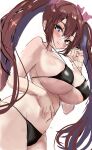  1girl bikini black_bikini blue_eyes blush breasts brown_hair cleavage closed_mouth commentary highres himekaidou_hatate huge_breasts long_hair looking_at_viewer navel simple_background smile solo suzunooto_shirasu swimsuit symbol-only_commentary touhou twintails white_background 