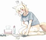  !? 1girl absurdres animal_ear_fluff animal_ears arknights barefoot blonde_hair blush bottomless breasts full_body highres horse_ears horse_girl horse_tail implied_masturbation long_hair looking_at_viewer naked_shirt nearl_(arknights) open_mouth orange_eyes ponytail saliva seung-aeja shirt short_sleeves sitting solo sweat t-shirt tail white_background 