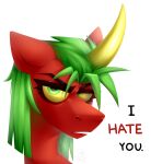  2022 angry angry_expression angry_eyes angry_face colored digital_drawing_(artwork) digital_media_(artwork) dragon equid equine female feral fur green_eyes green_hair hair hasbro hate hi_res horn horse hybrid looking_at_viewer mammal my_little_pony pony portrait red_body red_fur riot_(rtootb) rtootb shaded signature simple_background solo teeth text unicorn watermark yellow_horn yellow_sclera 