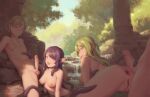  2boys 2girls anus bigrbear black_hair breasts commentary_request completely_nude forest green_hair hetero highres looking_at_viewer medium_breasts multiple_boys multiple_girls nature nipples nude open_mouth original outdoors penis pink_eyes pointy_ears pussy tentacle_hair uncensored 