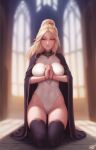  1girl ass_visible_through_thighs beads black_cape black_thighhighs blonde_hair blurry blurry_background breasts cape commentary full_body half-closed_eyes high_ponytail highres interlocked_fingers kneeling large_breasts leotard long_hair navel original own_hands_clasped own_hands_together parted_lips personal_ami ponytail solo teeth therana_(personal_ami) thighhighs white_leotard 