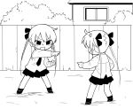  2girls :3 ahoge anger_vein day dovepopon dress_shirt dual_persona empty_eyes facing_away fake_sonya_(kill_me_baby) fence full_body greyscale hair_ribbon highres kill_me_baby legs_apart long_hair long_sleeves meme monochrome multiple_girls necktie outdoors outstretched_arm pleated_skirt pointing pointing_at_another pointing_spider-man_(meme) ribbon shirt shoes skirt sonya_(kill_me_baby) standing sweatdrop twintails v-shaped_eyebrows wooden_fence 