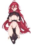  1girl artist_name black_gloves black_thighhighs breasts bright_pupils cleavage commission cowboy_shot cross crossed_arms elf english_commentary frown gloves groin highres large_breasts long_hair long_pointy_ears looking_at_viewer metalkrot navel original pelvic_curtain pointy_ears red_eyes red_hair shrug_(clothing) simple_background solo symbol-shaped_pupils thighhighs torn_clothes torn_thighhighs very_long_hair white_background white_pupils x-shaped_pupils 