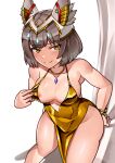  1girl absurdres alternate_breast_size alternate_costume animal_ears blunt_bangs breasts cat_ears chest_jewel circlet claw_pose closed_mouth clothing_aside cocktail_dress collarbone commentary_request core_crystal_(xenoblade) covered_navel curtains dress dress_aside flashing gold_dress gold_necklace grey_hair halterneck highres jewelry looking_at_viewer medium_breasts necklace nia_(xenoblade) nipple_slip nipples oniisan02b short_hair side_slit sleeveless sleeveless_dress smile solo sparkle_print thighs white_background xenoblade_chronicles_(series) xenoblade_chronicles_3 yellow_eyes 