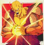  1boy angry antennae bare_shoulders biceps black_nails black_sash border bure_(fantasticyouth7) collarbone colored_skin commentary_request debris dougi dragon_ball dragon_ball_super dragon_ball_super_super_hero energy energy_ball fangs fingernails hands_up large_pectorals male_focus muscular muscular_male namekian no_eyebrows open_mouth orange_piccolo orange_skin outside_border pectorals piccolo pointy_ears red_eyes sash solo standing teeth thick_arms tongue torn_clothes v-shaped_eyebrows white_border 