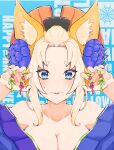  1girl animal_ears bare_shoulders blonde_hair blue_eyes blue_flower blush breasts closed_mouth commentary flower fox_ears fox_girl hair_flower hair_ornament hands_up highres japanese_clothes kimono large_breasts lipstick looking_at_viewer makeup off_shoulder purple_flower re:zero_kara_hajimeru_isekai_seikatsu ribbon solo symbol-only_commentary white_hair yorna_mishigure zerobarto 
