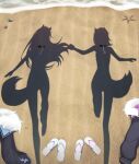  2girls animal_ears baguette_(baguettech) beach black_collar black_jacket chain collar collar_removed commentary day dog_ears dog_girl dog_tail dressed_shadow english_commentary female_pov flip-flops fur_collar fuwawa_abyssgard highres holding_hands hololive hololive_english jacket jacket_removed long_hair mococo_abyssgard multiple_girls outdoors pov sand sandals seashell shadow shell short_hair starfish studded_collar tail virtual_youtuber water 