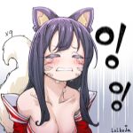  1girl ahri_(league_of_legends) animal_ears artist_name bare_shoulders black_hair blush breasts cleavage clenched_teeth collarbone crying detached_sleeves fox_ears fox_girl fox_tail grey_background large_breasts league_of_legends lolboja long_hair red_sleeves solo tail tears teeth translation_request white_background 