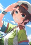  1girl absurdres backwards_hat baseball_cap blue_eyes blue_sky blush brown_hair cloud hat highres hololive looking_at_viewer oozora_subaru oozora_subaru_(1st_costume) red_headwear shirt short_hair sky smile solo starkamisan stopwatch stopwatch_around_neck striped striped_shirt tree two-tone_shirt vertical-striped_shirt vertical_stripes virtual_youtuber whistle whistle_around_neck white_shirt yellow_shirt 