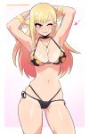 1girl absurdres armpits arms_up ass_visible_through_thighs bikini black_bikini blonde_hair blush breasts closed_mouth dashi ear_piercing earrings floral_print gradient_hair heart highres jewelry kitagawa_marin long_hair looking_at_viewer multicolored_hair navel necklace one_eye_closed piercing red_eyes skindentation smile solo sono_bisque_doll_wa_koi_wo_suru standing swimsuit tan tanlines 