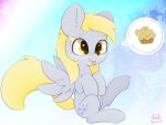  4:3 absurd_res blonde_hair cutie_mark derp_eyes derpy_hooves_(mlp) digital_media_(artwork) equid equine eyelashes feathered_wings feathers female feral food friendship_is_magic fur grey_body grey_feathers grey_fur hair hasbro hi_res mammal muffin my_little_pony pegasus signature smile solo tail tongue tongue_out wings yellow_eyes yellow_tail zokkili 