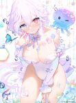  1girl absurdres apple_caramel artist_name blue_eyes blue_flower blush breasts closed_mouth commission crescent flower heterochromia highres jellyfish large_breasts leotard long_hair long_sleeves looking_at_viewer mole mole_under_mouth original pink_flower pixiv_commission purple_flower red_eyes smile solo star_(symbol) white_hair white_leotard 