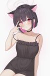  1girl absurdres alternate_costume animal_ears ayeon_chan bangs bare_shoulders black_dress black_hair blue_archive cat_ears cat_girl choker collarbone colored_inner_hair commentary_request dress frilled_dress frills hair_between_eyes highres kazusa_(blue_archive) looking_at_viewer multicolored_hair purple_eyes short_dress short_hair sidelocks simple_background sitting sleeveless smile solo spaghetti_strap two-tone_hair v white_background 