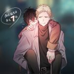  2boys belt black_hair black_sweater blonde_hair blurry blurry_background carrying closed_eyes coat collared_coat curly_hair given green_eyes grey_coat highres kaji_akihiko light_smile male_focus mouth_piercing multiple_boys murata_ugetsu piggyback pinoli_(pinoli66) sweater translation_request turtleneck upper_body 