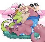  &lt;3 ahnik_(character) anthro arma_(armabehemoth) asian_clothing behemoth_(ff) beverage cherry_blossom clothing duo east_asian_clothing final_fantasy hi_res japanese_clothing kimono kissing lizard male male/male plant reptile scalie schwarzfox square_enix tea 