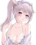  1girl :o absurdres animal_ears bikini blush bow breasts cat_ears cat_girl cleavage collarbone commentary eyelashes facial_mark final_fantasy final_fantasy_xiv grey_hair hair_between_eyes hair_bow hand_up high_ponytail highres large_breasts miqo&#039;te off_shoulder purple_eyes sidelocks simple_background solo suineco swimsuit upper_body warrior_of_light_(ff14) whisker_markings white_background white_bikini white_bow 