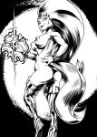  2020 anthro black_and_white breasts bucky_o&#039;hare_(series) clothing domestic_cat felid feline felis female fur hair hi_res jenny_(bucky_o&#039;hare) legwear long_hair looking_at_viewer looking_back looking_back_at_viewer magic mammal monochrome mostly_nude nipples pupils slit_pupils solo tail thigh_highs uba 