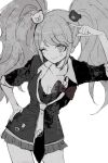  1girl bear_hair_ornament bebe_1 blush bow breasts cleavage collarbone contrapposto danganronpa:_trigger_happy_havoc danganronpa_(series) enoshima_junko hair_ornament hand_on_own_hip large_breasts leaning_to_the_side miniskirt pleated_skirt shirt short_sleeves skirt smile solo twintails two-tone_necktie 