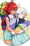  2girls :3 ahoge arm_around_waist backpack bag blush bouquet casual couple flower grey_hair gundam gundam_suisei_no_majo hairband highres holding holding_bouquet hug jewelry long_skirt looking_at_viewer miorine_rembran multiple_girls official_alternate_costume ponytail red_hair ring skirt smile suletta_mercury sunflower thick_eyebrows umihal wedding_ring wife_and_wife yuri 