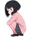  1girl black_hair black_socks blush brown_eyes closed_mouth full_body girls_und_panzer grey_skirt headphones kayabakoro looking_at_viewer pants pink_pants pink_shirt shirt short_hair simple_background skirt socks solo sono_midoriko white_background 