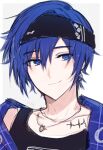  1boy black_tank_top blue_eyes blue_hair border closed_mouth commentary_request earrings hairband highres jewelry kaito_(vocaloid) korean_commentary leo/need_(project_sekai) leo/need_kaito male_focus official_alternate_costume outside_border panprika project_sekai short_hair smile solo tank_top tsunagu_hoshi_no_uta_(project_sekai) upper_body vocaloid white_border 