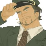  1boy adjusting_clothes adjusting_headwear bara beard_stubble blackthornwww drawn_ears drawn_whiskers facial_hair goatee grey_hair highres looking_at_viewer male_focus mature_male old old_man original seductive_smile short_hair smile solo sparse_stubble thick_eyebrows 