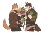  2boys animal_ears ban_(sunerul89204) bara beard bouquet brown_hair bulletproof_vest camouflage camouflage_pants chris_redfield cropped_legs curtained_hair dog_boy dog_ears dog_tail eyes_visible_through_hair facial_hair from_side highres holding holding_bouquet kemonomimi_mode leon_s._kennedy light_brown_hair light_stubble looking_at_another male_focus mature_male multiple_boys muscular muscular_male pants resident_evil resident_evil_6 short_hair sketch smile surprised tail yaoi 