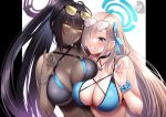  2girls asuna_(blue_archive) bare_shoulders bikini black_bikini black_hair blue_archive blue_bikini blush breasts choker cleavage collarbone dark-skinned_female dark_skin eyewear_on_head grin hair_over_one_eye halo heart heart-shaped_eyewear highres karin_(blue_archive) large_breasts light_brown_hair long_hair looking_at_viewer mole mole_on_breast multiple_girls ponytail smile sunglasses swimsuit tinted_eyewear very_long_hair yellow_eyes zaregoto_tsukai_no_deshi 