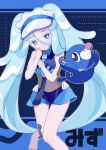  1girl bare_legs bare_shoulders barefoot blue_eyes blue_hair bright_pupils character_name colored_eyelashes crossover eyelashes foot_out_of_frame hands_up hatsune_miku highres light_blue_hair liquid_hair long_hair looking_at_viewer parted_lips piko_pinapi pokemon pokemon_(creature) project_voltage solo standing swimsuit twintails very_long_hair visor_cap vocaloid water_miku_(project_voltage) white_pupils zipper_pull_tab 