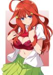  1girl ahoge blue_eyes border bra breasts cleavage closed_mouth collared_shirt commentary_request embarrassed go-toubun_no_hanayome green_skirt hair_between_eyes hair_ornament large_breasts lifted_by_self long_hair looking_at_viewer mirai_denki nakano_itsuki navel open_clothes open_shirt outside_border pink_background pleated_skirt purple_bra red_hair red_sweater_vest school_uniform shirt skirt solo star_(symbol) star_hair_ornament sweater_vest sweater_vest_lift underwear white_border white_shirt 