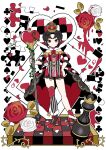  1girl asymmetrical_footwear black_hair card chess_piece crown elina_(e2n04n) flower frills heart highres holding holding_staff mismatched_footwear original rose single_thighhigh solo staff thighhighs 