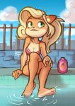  2023 activision anthro barefoot bikini blonde_hair bottle breasts cleavage clothed clothing cloud coco_bandicoot container crash_bandicoot_(series) crossed_legs day feet female fingers green_eyes hair hi_res long_hair mammal marsupial selinaeagle signature sitting smile solo swimming_pool swimwear toes water 
