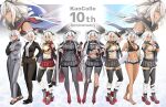  1girl absurdres alternate_costume bikini black_footwear black_nails breasts chest_sarashi damaged eyewear_on_head feet formal full_body geta gradient_legwear grey_hair highres kantai_collection large_breasts long_hair midriff multiple_views musashi_(kancolle) musashi_kai_ni_(kancolle) navel sarashi semi-rimless_eyewear simple_background suit swimsuit thighhighs toes torn_cloth very_long_hair white_background yunamaro 