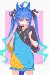  1girl @_@ ahoge animal_ears aqua_hair blue_hair blush crossed_bangs gradient_hair hair_between_eyes hair_ribbon highres hood hood_down hoodie horse_ears horse_girl horse_tail kurobeko_(kur0bek0) long_hair looking_at_viewer multicolored_clothes multicolored_hair multicolored_hoodie open_mouth ribbon sharp_teeth sidelocks simple_background solo tail teeth twin_turbo_(umamusume) twintails umamusume very_long_hair 