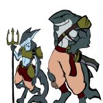  absurd_res anthro armor biohound bovid bovine cattle clothing duo fan_character gladiator hi_res mako male mammal melee_weapon polearm rokea sergal sword torn_clothing trident warrior weapon worldbuilding 