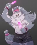  abs anthro athletic athletic_anthro athletic_male blush bottomwear canid canine canis cheering clothed clothing fur glowstick grey_body grey_fur hat headgear headwear hi_res launcher_r lifewonders male mammal managarmr_(housamo) pecs shorts solo tokyo_afterschool_summoners topless visor_cap wolf 