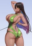  1girl absurdres ass bare_shoulders blush breasts brown_hair choker cleavage collarbone dark-skinned_female dark_skin felicia_castro green_eyes green_one-piece_swimsuit highres huge_breasts jingb_dx long_hair looking_at_viewer looking_back one-piece_swimsuit sideboob solo swimsuit tatakau_ataisuru thighs 