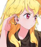  1girl aikatsu! aikatsu!_(series) black_shirt blonde_hair closed_mouth commentary_request ear_piercing earrings hand_up hoshimiya_ichigo jewelry long_hair looking_to_the_side piercing portrait red_eyes shirt simple_background solo white_background yamamura_saki 