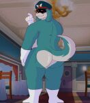  anthro blue_body blue_fur blush butt canid canine canis clothing conductor_(sonic) domestic_dog facial_hair floppy_ears footwear fur gloves handwear hat headgear headwear hi_res looking_back male mammal mature_male mostly_nude mustache rear_view sega shadowed_face slightly_chubby socks solo sonic_the_hedgehog_(series) tequila_ari the_murder_of_sonic_the_hedgehog 