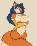  anthro arm_under_breasts bare_shoulders beauty_mark big_breasts big_tail biped black_nose blue_hair bottomless bottomless_anthro bottomless_female breasts brown_body brown_ear_tips brown_ears brown_eyes brown_fur brown_pupils canid canine carmelita_fox cheek_tuft chest_tuft choker clothed clothing colored countershade_face countershade_fur countershade_neck countershade_tail countershade_torso countershading curvy_figure digital_media_(artwork) dipstick_ears eyelashes facial_tuft featureless_crotch female female_anthro fingers fluffy fluffy_tail fox front_view fur hair hand_on_breast holding_breast huge_breasts humanoid_hands jewelry long_hair looking_at_viewer mammal monotone_hair multi_tone_fur multicolored_body multicolored_ears multicolored_fur multicolored_tail naturally_censored navel necklace nipple_tuft off_shoulder open_clothing open_shirt open_topwear orange_body orange_ears orange_fur orange_tail pinup portrait pose pupils shirt simple_background sly_cooper_(series) smile snout solo sony_corporation sony_interactive_entertainment standing starfighter sucker_punch_productions tail tan_background tan_body tan_countershading tan_fur tan_inner_ear tan_tail three-quarter_portrait three-quarter_view topwear tuft two_tone_ears two_tone_tail wide_hips yellow_clothing yellow_shirt yellow_topwear 