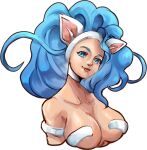  2023 animal_humanoid big_breasts blue_eyebrows blue_eyes blue_hair breasts bust_portrait capcom cat_humanoid darkstalkers digital_media_(artwork) digital_painting_(artwork) eyebrows fangs felicia_(darkstalkers) felid felid_humanoid feline feline_humanoid female feral fur hair hi_res humanoid lipstick long_hair looking_at_viewer luo_qiangwei makeup mammal mammal_humanoid portrait simple_background smile solo teeth unsigned white_background white_body white_fur 
