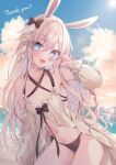  1girl :d animal_ears beach bikini bikini_bottom_only black_bow blonde_hair blue_eyes blue_sky blush bow braid breasts cleavage cloud collarbone commentary commission day detached_sleeves facial_mark hair_between_eyes hair_bow hand_in_own_hair hand_up highres kmr_7m llullabye_(vtuber) long_hair long_sleeves looking_at_viewer navel ocean outdoors rabbit_ears rabbit_girl single_braid skeb_commission sky small_breasts smile solo stomach sun swimsuit swimsuit_cover-up thank_you vdonburi virtual_youtuber 