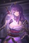  1girl absurdres breasts cleavage commentary_request genshin_impact hair_ornament highres holding holding_sword holding_weapon indoors japanese_clothes kimono long_hair medium_breasts musou_isshin_(genshin_impact) off_shoulder oli_kkwak purple_eyes purple_hair purple_kimono raiden_shogun solo sword very_long_hair weapon 