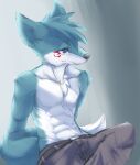  abs absurd_res anthro black_belt blue_body blue_eyes blue_fur blue_hair bottomwear canid chest_tuft clothed clothing facial_markings fur glistening glistening_eyes grey_bottomwear grey_clothing grey_nose grey_pants hair head_markings hi_res kuttoyaki looking_aside male mammal markings mouth_closed muscular narrowed_eyes pants pecs red_markings short_hair shoulder_tuft simple_background sitting solo topless tuft white_body white_fur 