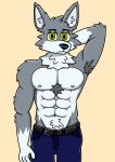  abs anthro armpit_hair belt biceps black_nose body_hair bottomwear canid canine canis chest_hair chest_tuft clothed clothing donfurro eyebrows fur green_eyes grey_body grey_fur hand_behind_head hi_res inner_ear_fluff looking_at_viewer male mammal muscular muscular_anthro muscular_male nipples pants pecs presenting_armpit shirtless simple_background solo tan_background tan_sclera topless topless_anthro topless_male tuft white_body white_fur white_hands wolf 