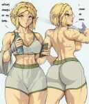  1girl abs ass blonde_hair bottle cellphone cowboy_shot english_text frown hand_wraps highres huge_ass looking_to_the_side master_sword median_furrow muscular muscular_female phone pointy_ears princess_zelda scar shorts smartphone solo sweat sword tank_top the_legend_of_zelda the_legend_of_zelda:_tears_of_the_kingdom toned topless towel water_bottle weapon white_background yellow_eyes yoracrab 